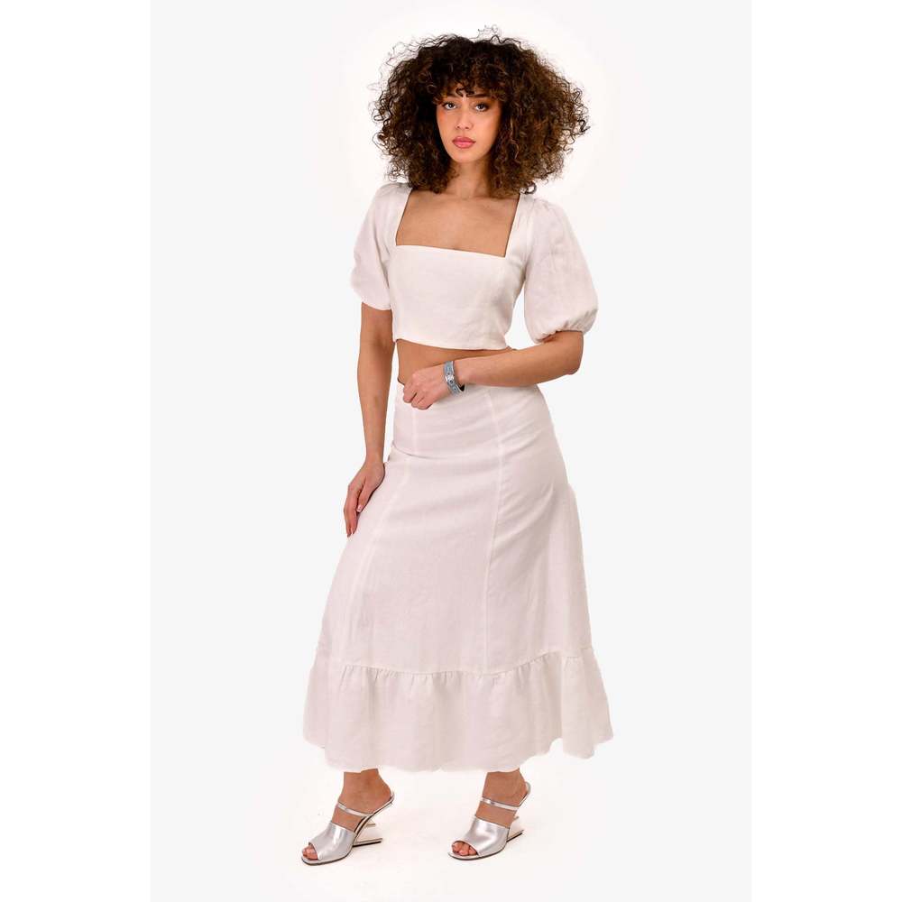 Reformation White Linen Puff Sleeve Crop Top + Maxi Skirt Set Size 6